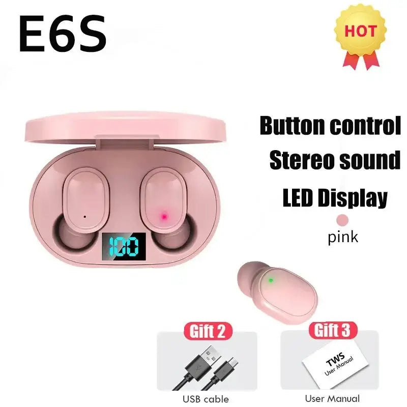 Pink e6s tws wireless bluetooth earbuds with matching charging case featuring led display for audio use