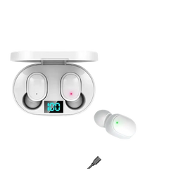 White a6s tws wireless bluetooth earbuds with a matching charging case featuring an led battery level display