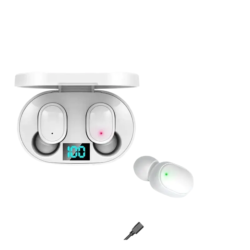 White a6s tws wireless bluetooth earbuds with a matching charging case featuring an led battery level display