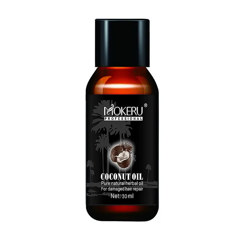 Sérum reparador de aceite de coco Mokeru Professional para frizz y daño en un frasco de vidrio ámbar oscuro de 30 ml con tapa negra y una etiqueta con palmeras y cocos.