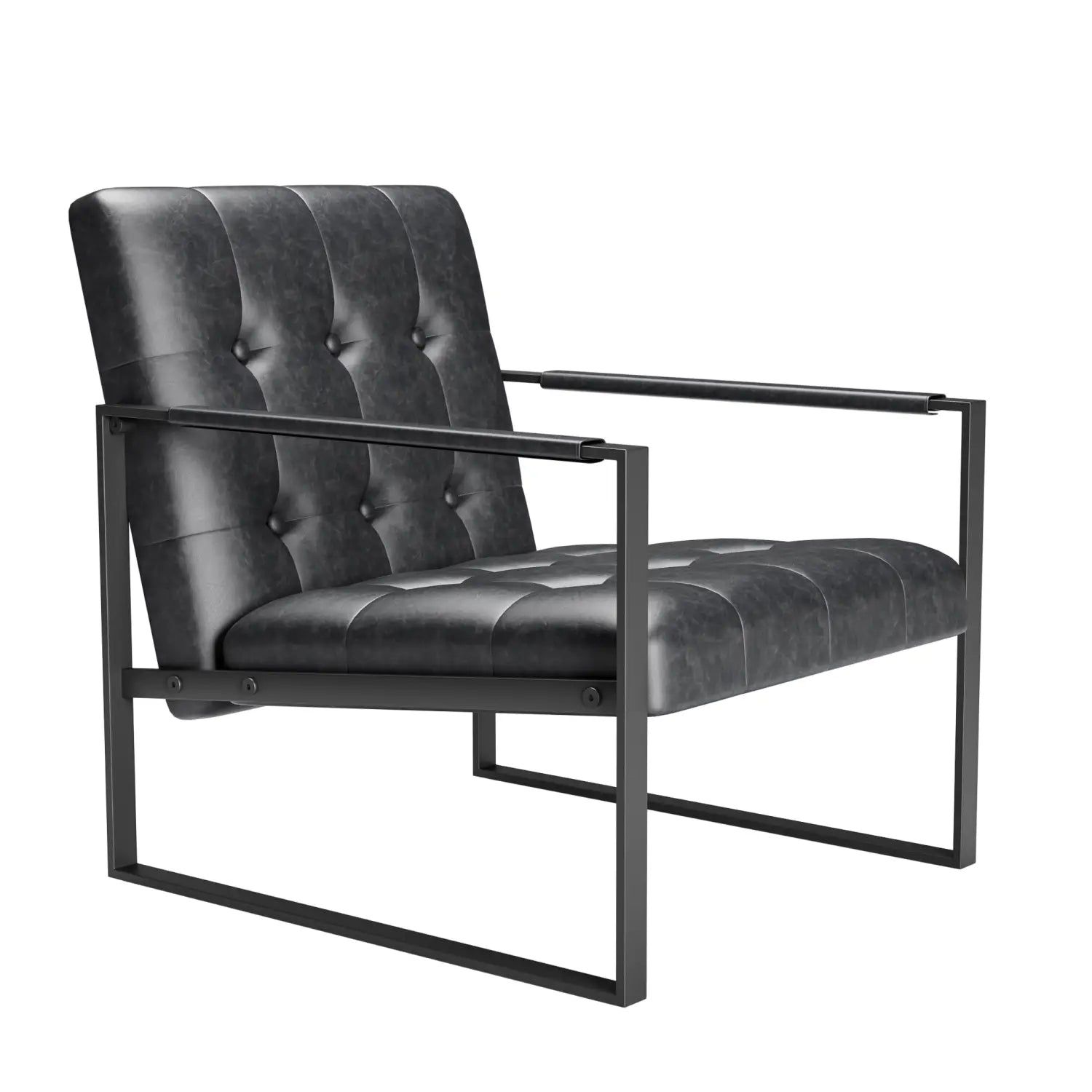 Sillón de acento de cuero negro con capitoné con un marco metálico elegante que muestra su diseño moderno y materiales resistentes.