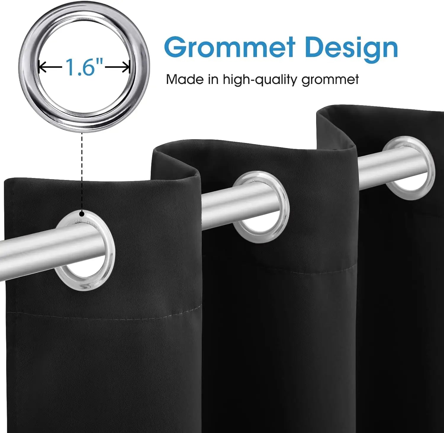 blackout curtains 3 layer eyelet pair cream 132x242cm made of black fabric with silver-toned metal grommets measuring 1.6 inches in diameter for a sleek modern look.