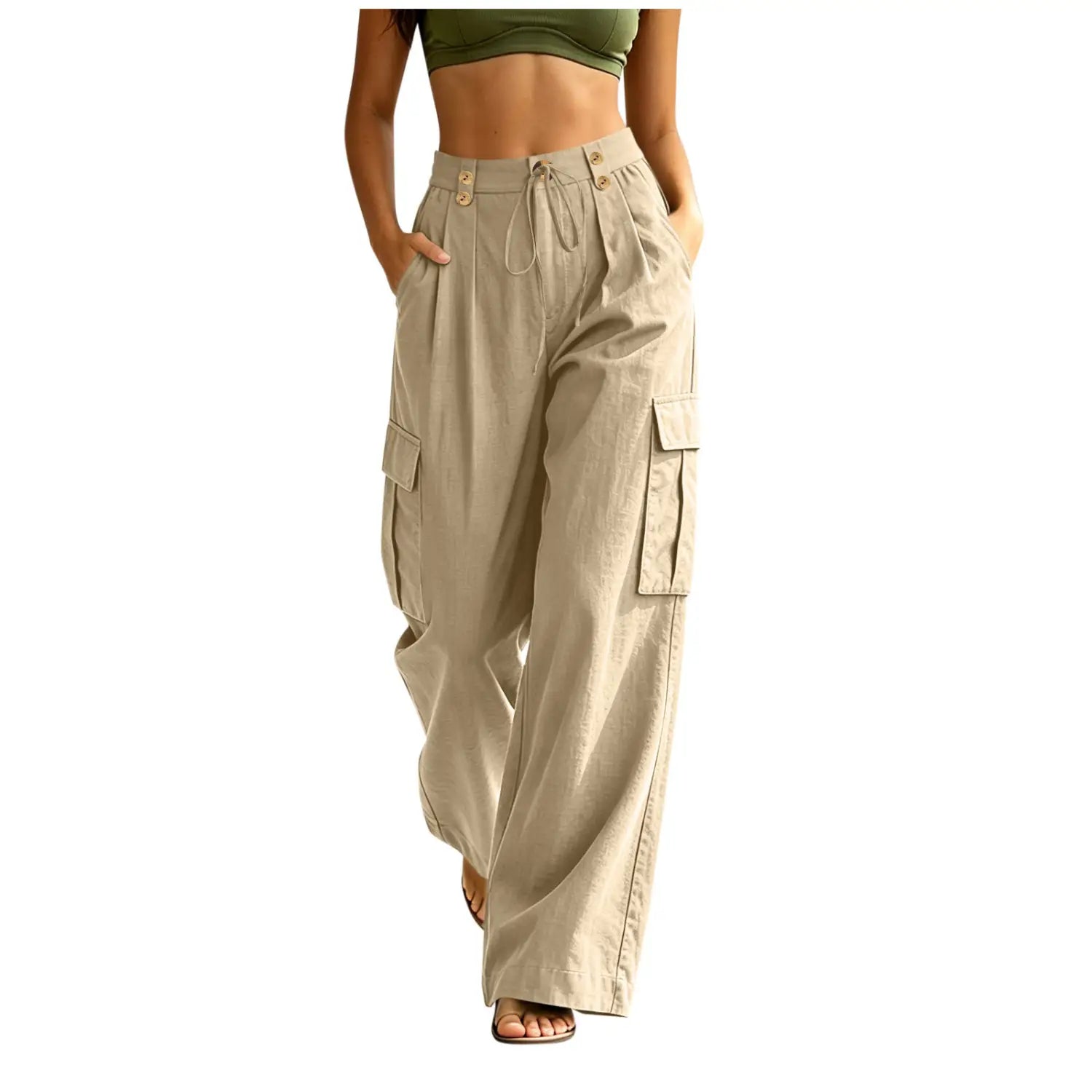 Pantalons cargo taille haute beige pour femmes avec fermeture à cordon élastique, grandes poches latérales, fabriqués en coton pour des tenues décontractées.