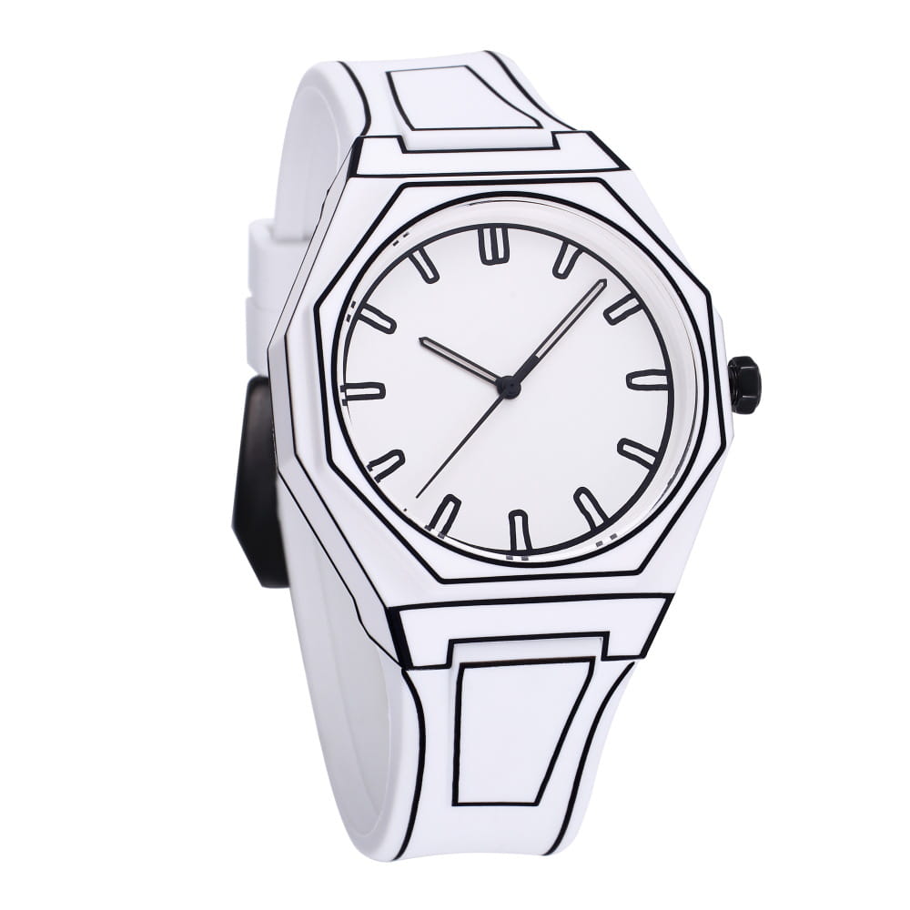 White modern octagonal minimalist waterproof silicone watch with black outlined geometric design and minimalist dial.