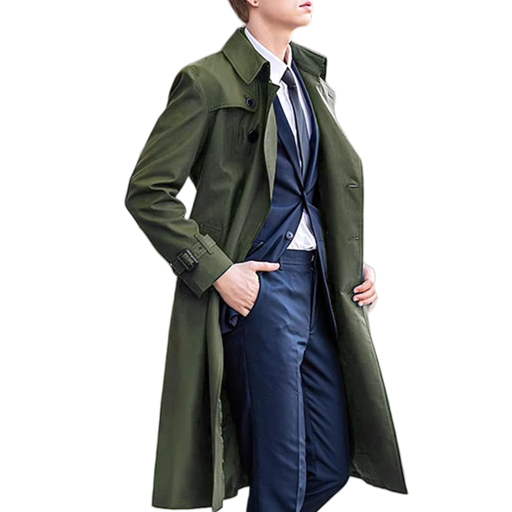 Men solid color long trench coat in olive green with a classic collar, belted waist, and double-breasted front.