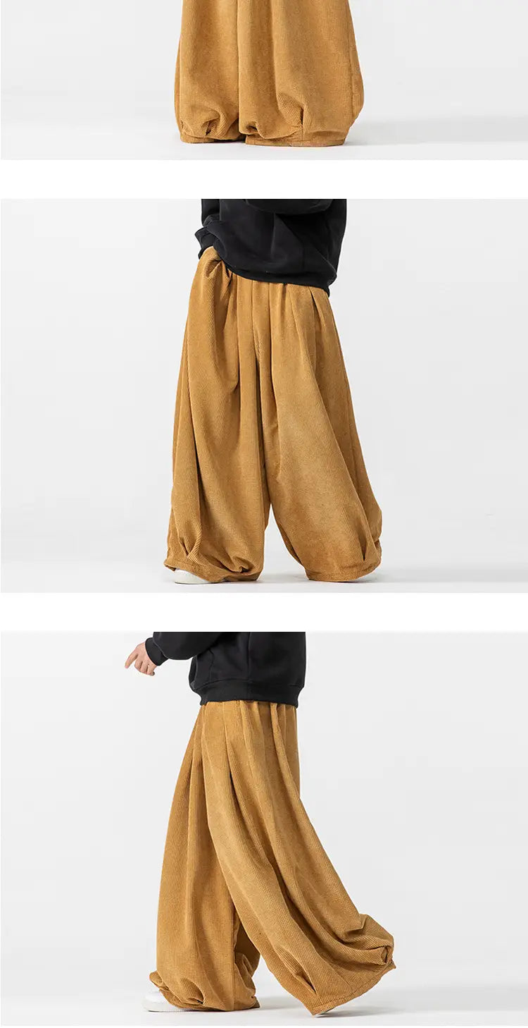 Pantalon en velours côtelé à jambes larges pour hommes en tissu ample camel en coton lin, offrant une excellente tenue.