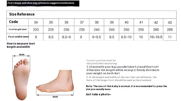 Foot size reference chart with measurements in millimeters for length and width organized by code from 34 to 43 for knee high wedge boots with silver padlock buckle.