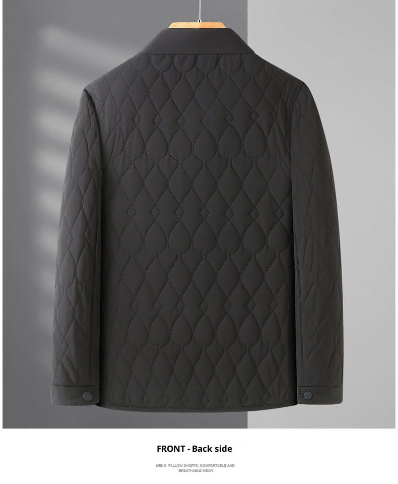 Schwarze, gesteppte Herren-Jacke mit Wattierung, strukturiertem Kragen und Diamantsteppmuster, entworfen als leichter Businessmantel.