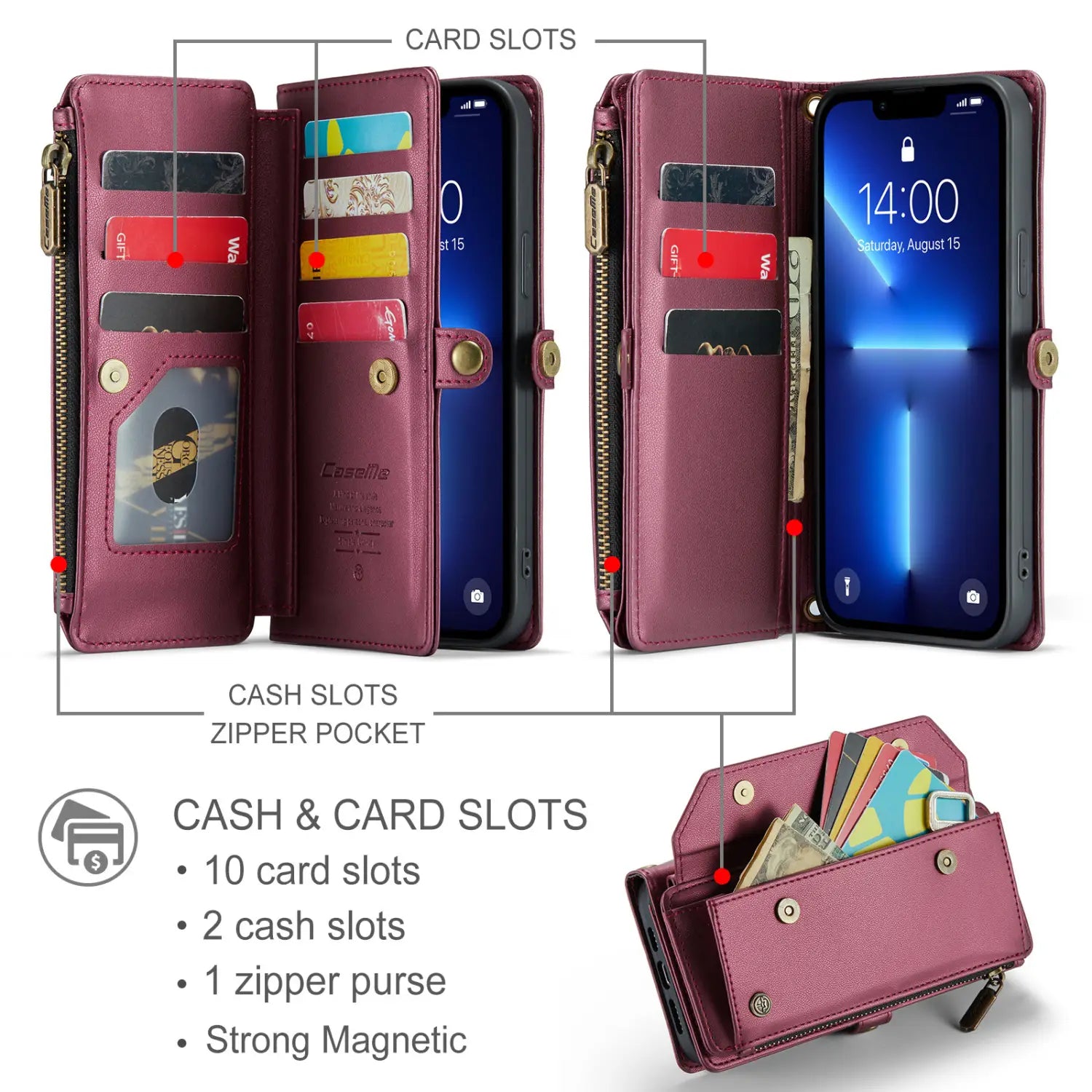 A maroon leather wallet phone case with removable wrist strap featuring multiple card slots cash compartments and a zipper pocket for secure storage.