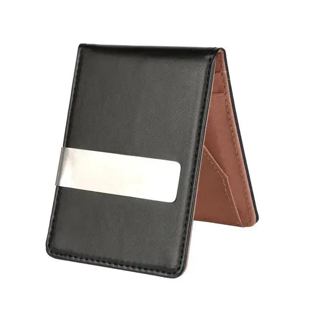 Black leather money clip wallet with rfid blocking feature silver metallic strip and brown interior lining.