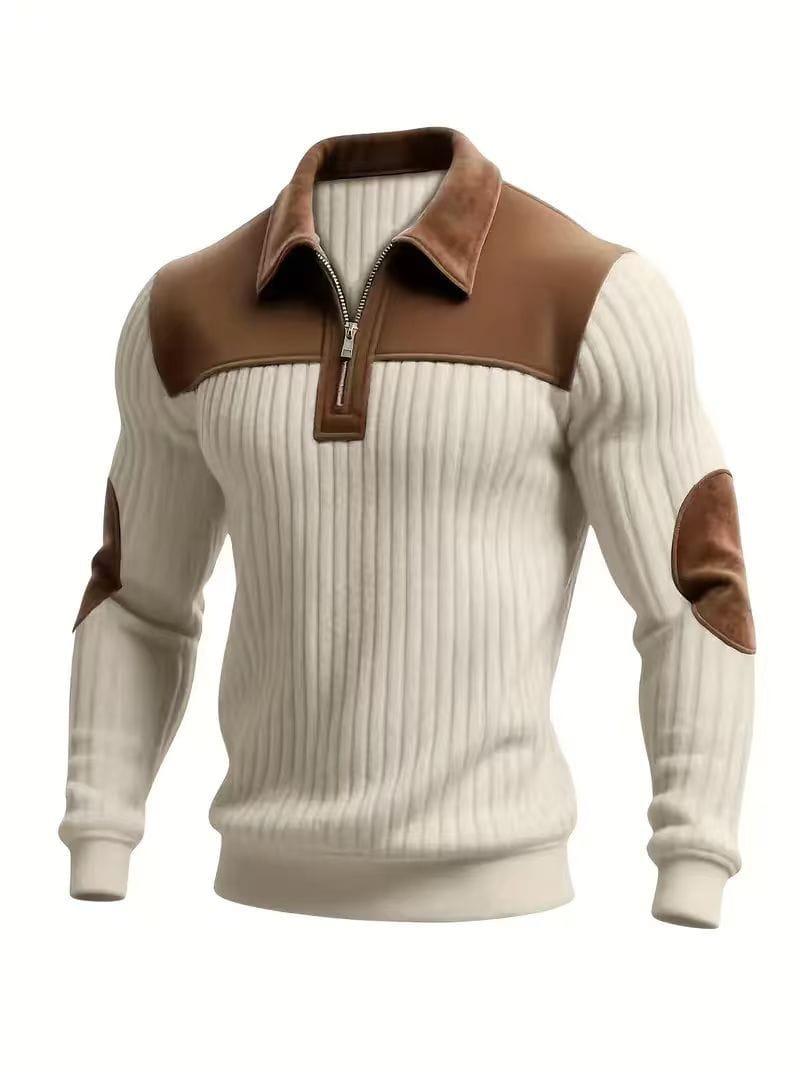 Men’s ribbed patchwork half zip knit sweater featuring a cream-colored ribbed knit fabric with brown leather accents on the collar, shoulders, and elbow patches.