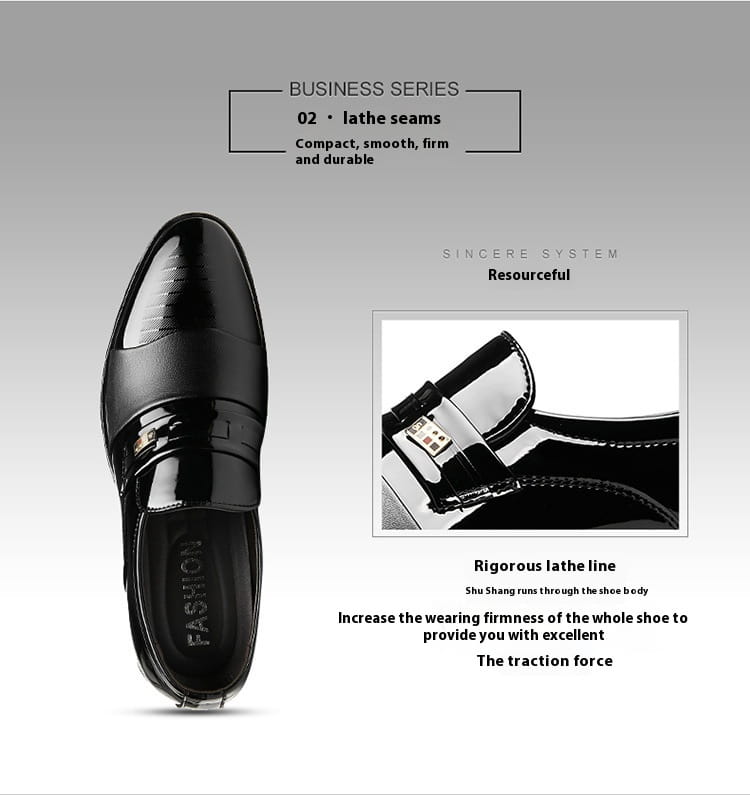 Men’s black patent leather lace-up dress shoes with glossy finish and gold-tone buckle for business and formal wear