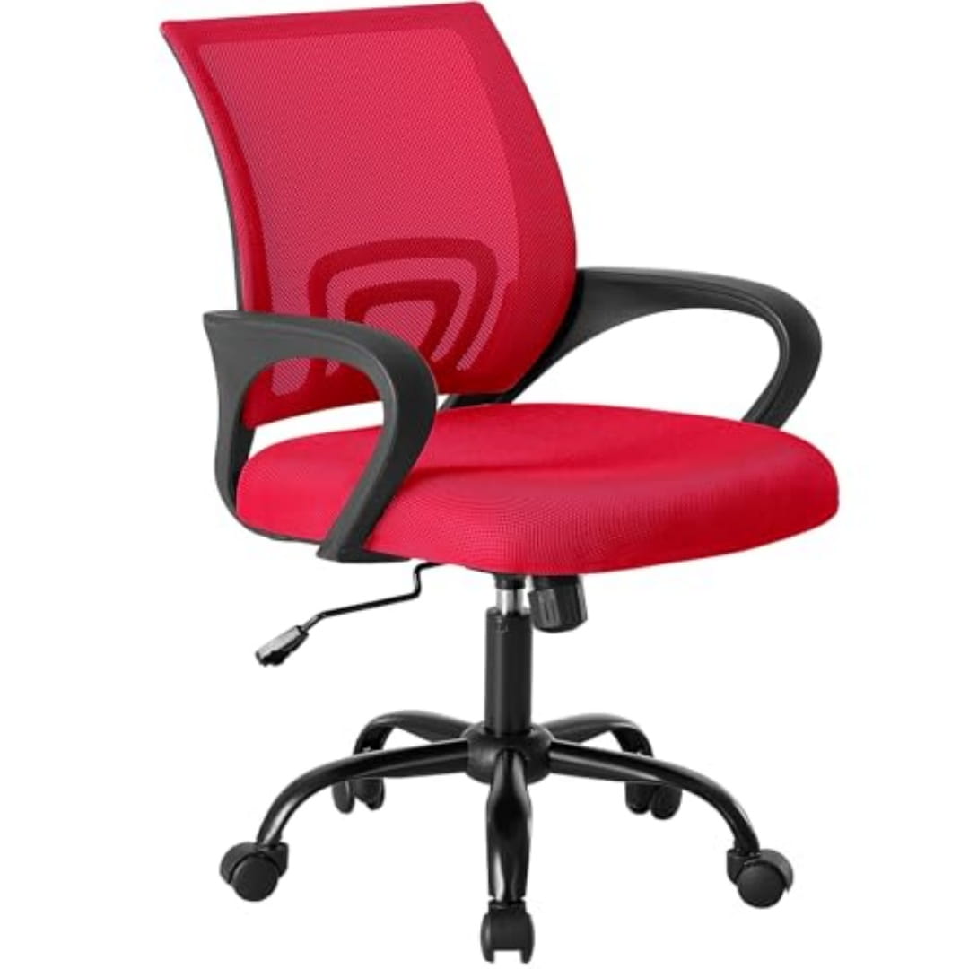 Ergonomic mesh office chair with lumbar support featuring a red mesh backrest and seat with black armrests and base.