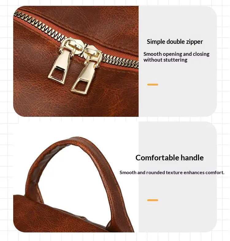 Brown leather faux leather women’s large capacity commuter backpack with gold-toned double zipper and comfortable rounded handle.