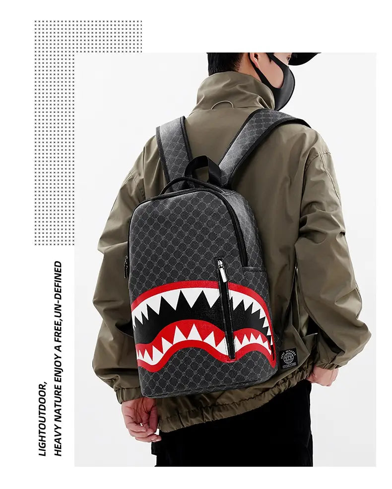 black and gray geometric patterned shark backpack with large capacity and bold red white and black shark mouth design made from pu material for business use