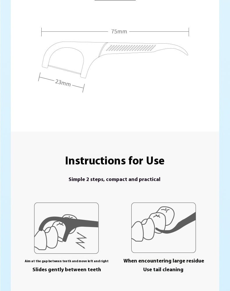 A sleek compact white dental floss pick with a curved handle and textured grip in a 100 count individual packets pack.