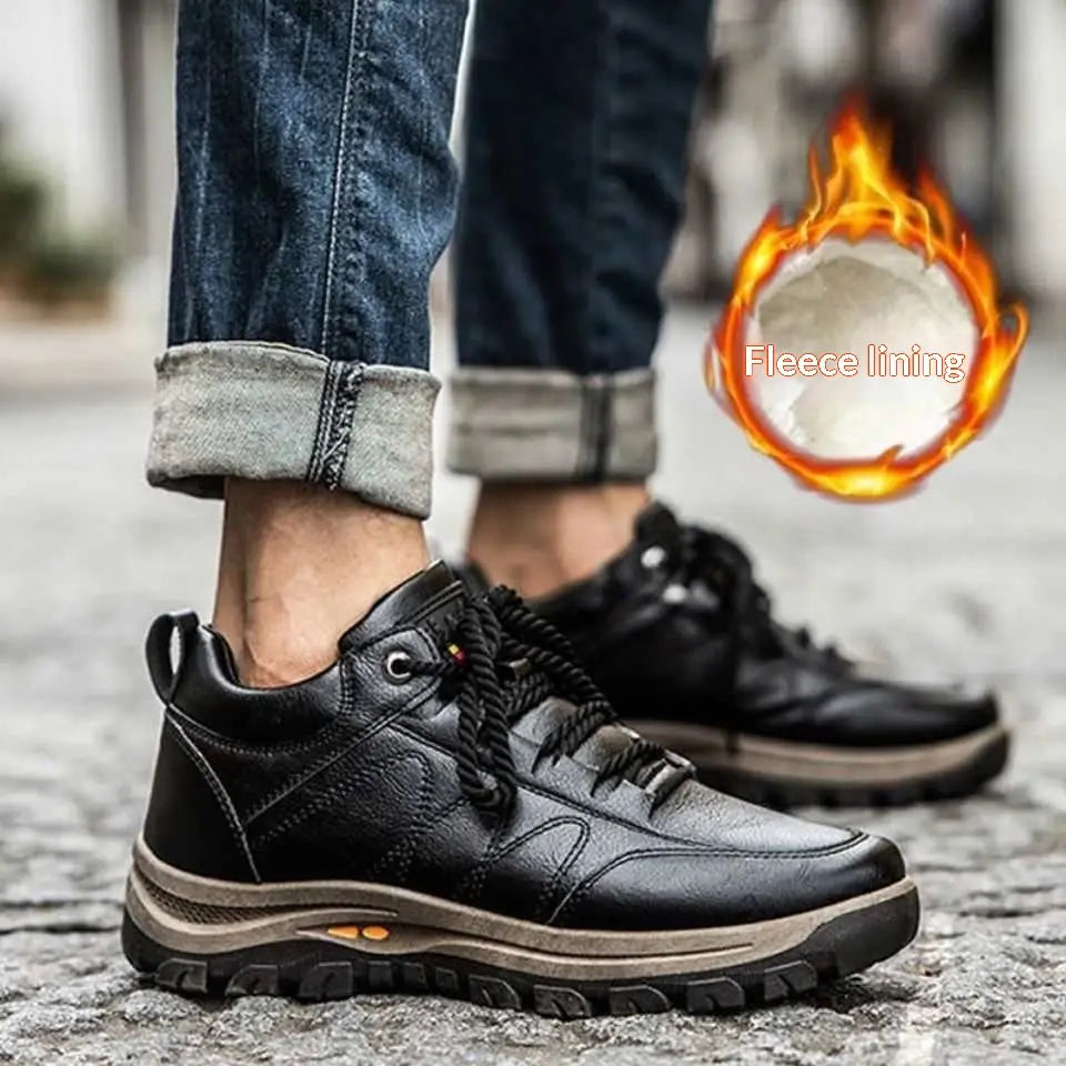 Black leather men’s winter hiking boot with rugged sole and fleece lining designed for waterproof outdoor use.