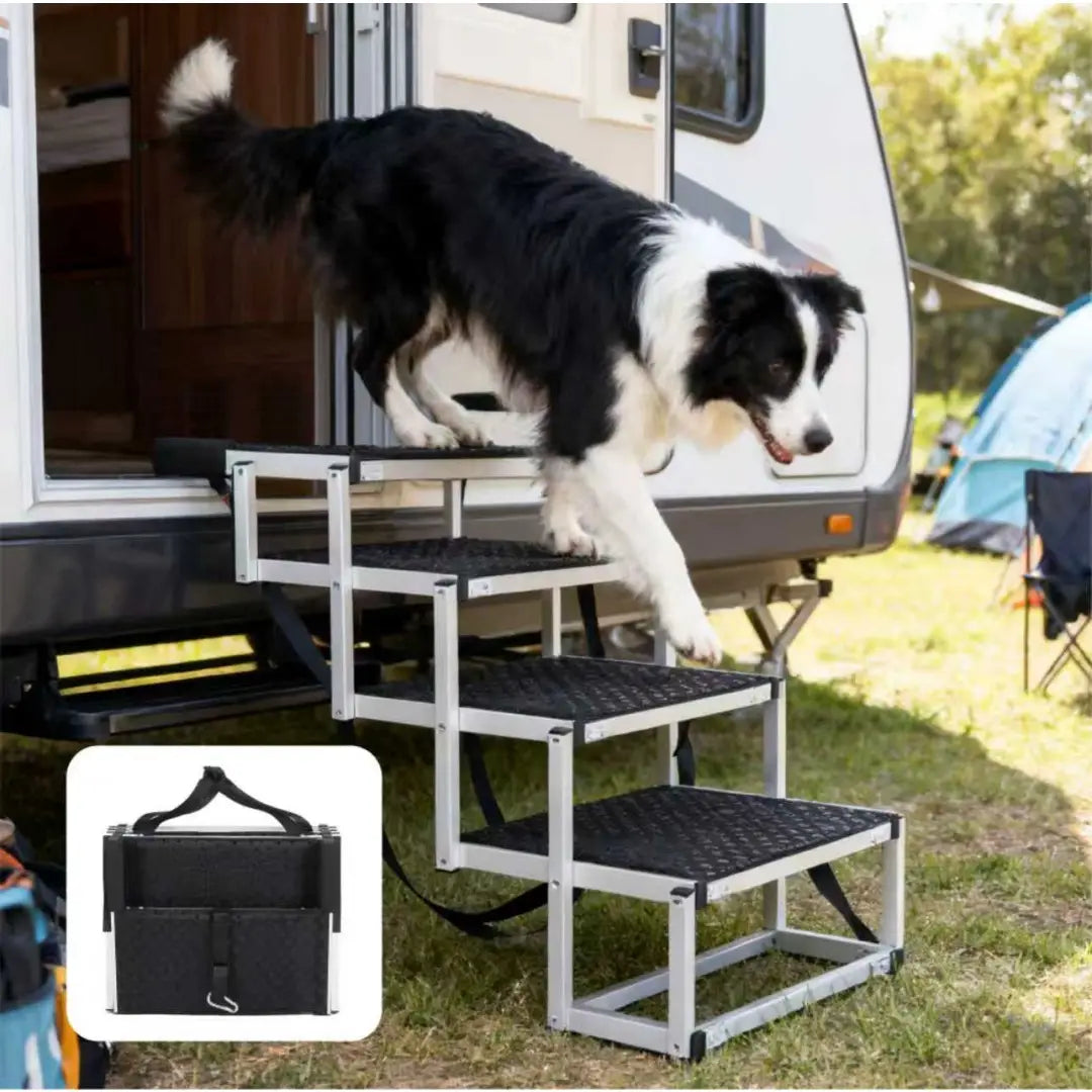 Silver aluminum pet staircase with black textured non-slip steps and adjustable straps designed as a foldable dog ramp for cars and SUVs with 250lb capacity.