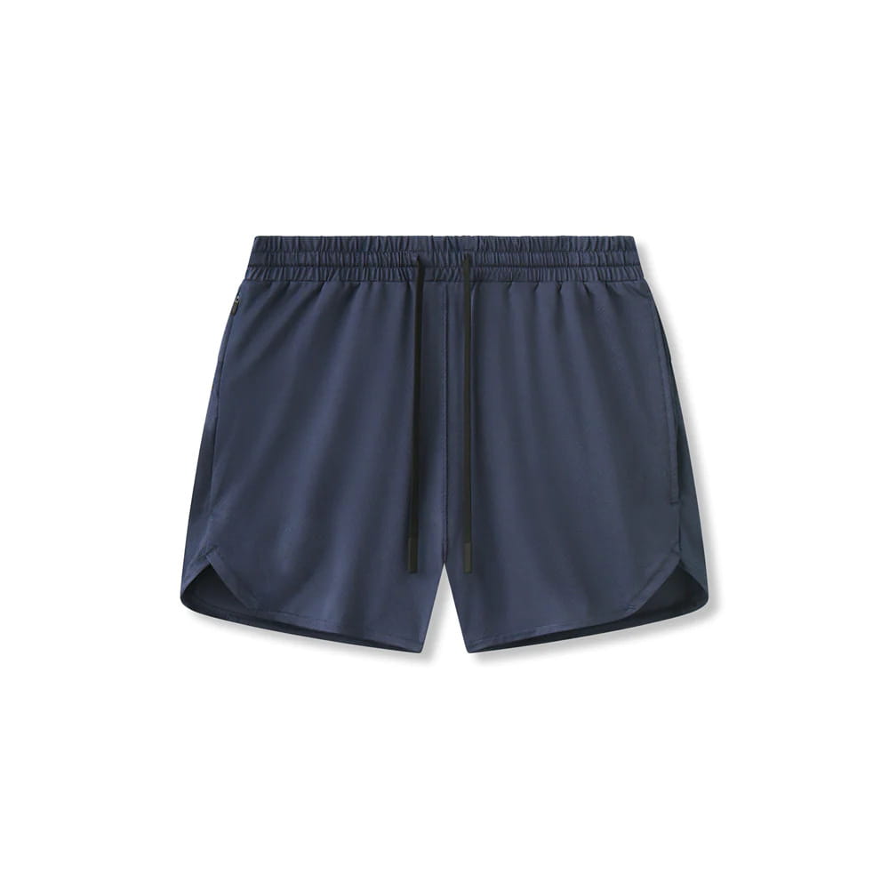 Men quick dry athletic sports shorts in dark navy with an elastic waistband and black drawstring for optimal comfort and performance.