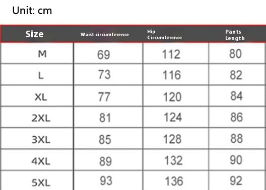 Tableau des tailles pour les pantalons de plage décontractés en lin pour hommes en centimètres, indiquant les mesures de la taille m à 5xl.