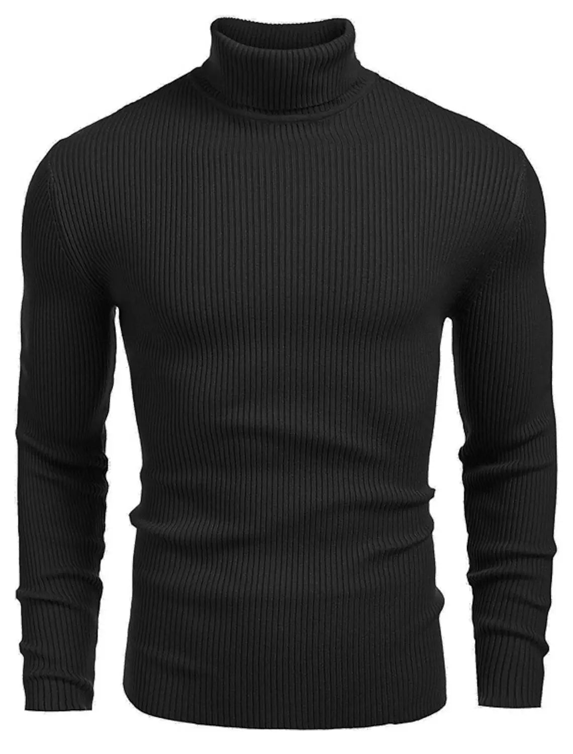 Herren-Turtleneck-Pullover Slim Fit aus schwarzem, geripptem Stoff mit eng anliegender, formschlüssiger Silhouette.