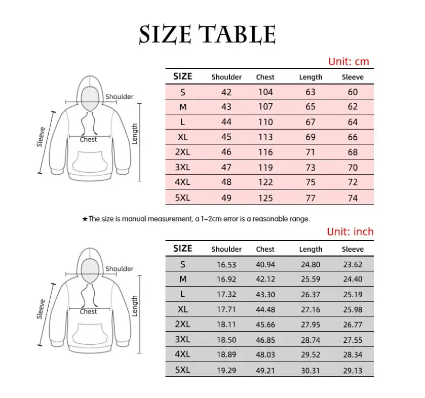 Tabla de tallas para una sudadera con capucha de ajuste holgado con estampado floral, con medidas en centímetros y pulgadas.