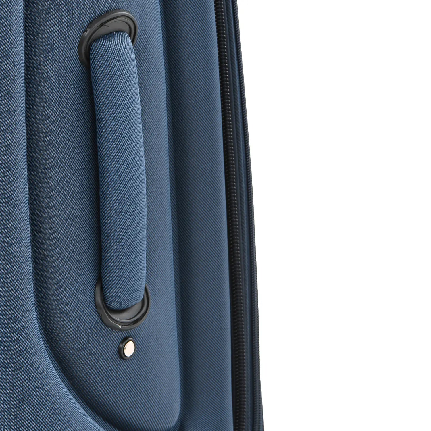 Navy blue softside expandable 3 piece spinner luggage set with blue textured fabric suitcase handle featuring black plastic rings and zipper.