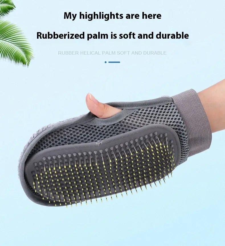 pet grooming glove silicone hair remover bath brush with gray rubberized palm, mesh fabric body, and flexible bristles for grooming.