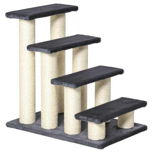 beige and black pawhut 4 step cat stairs and sisal scratching post featuring four tiered platforms for feline climbing and scratching