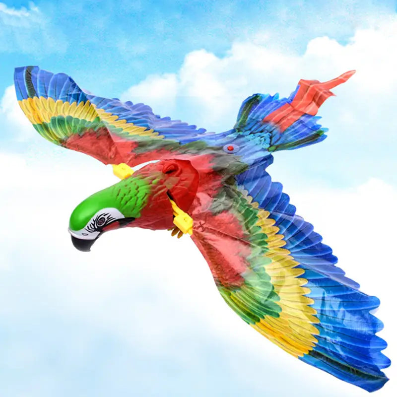 interactive flying bird cat toy in the shape of a vibrant inflatable parrot kite with colorful red green blue and yellow feathers designed for hanging play.