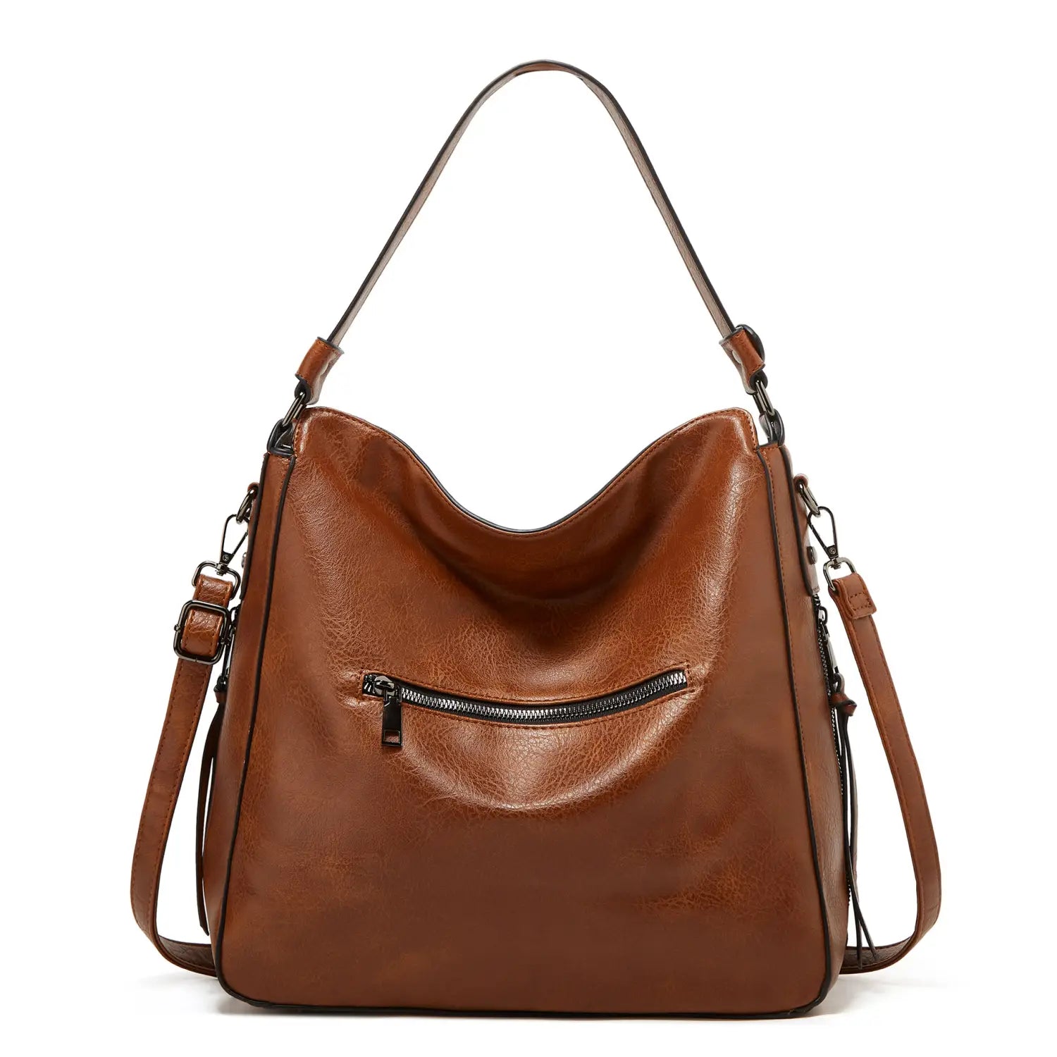 Braune Lederschultertasche mit mehreren Reißverschlüssen, einschließlich einer vorderen Reißverschluss-Tasche, und verstellbaren Schulterträgern, gestaltet als Crossbody-Tote.