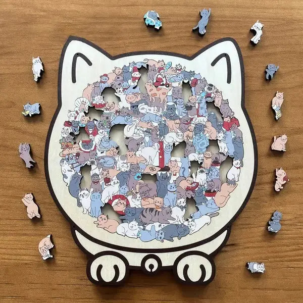 Un rompecabezas de madera con forma de gato que presenta un diseño recortado detallado, relleno con piezas de gatito estilizadas de colores, de la colección de juguetes tipo rompecabezas Morandi de gato de madera de 135 piezas.