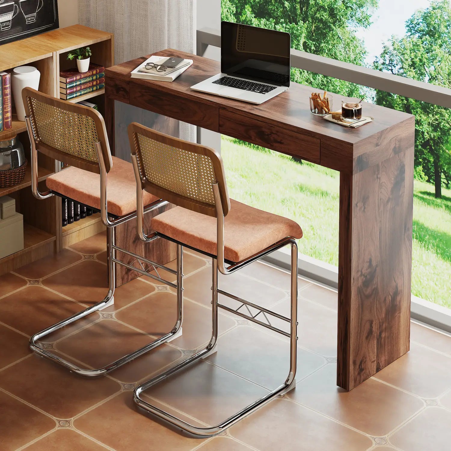 Dark wood bar table with a sleek modern design and a single drawer made of walnut wood for stylish home use.
