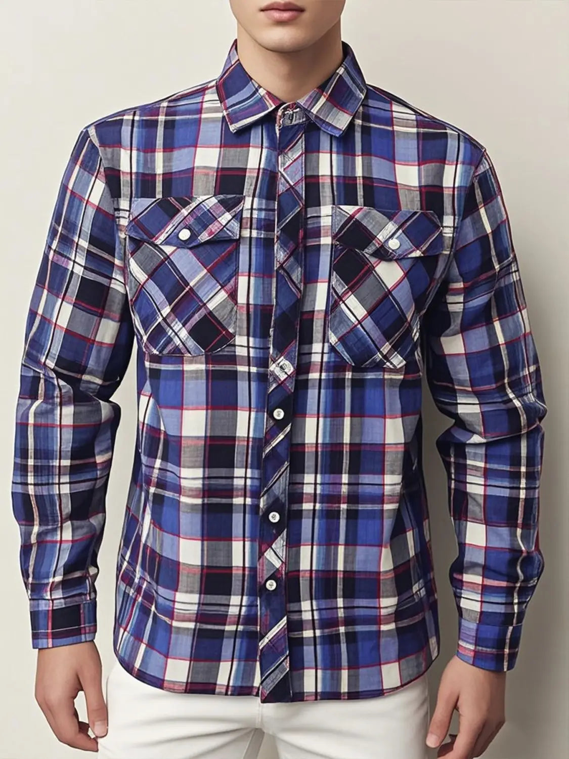 Men’s slim fit plaid flannel button up shirt in blue white and red with long sleeves and two chest pockets.