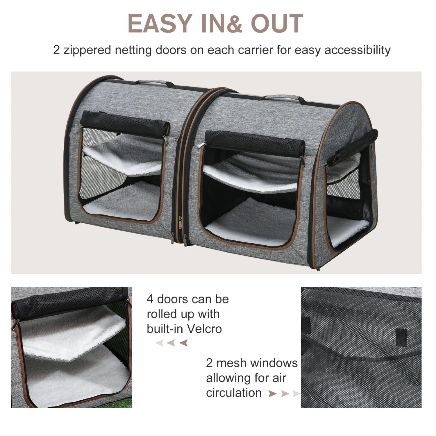 two compartment soft pet cat carrier grey made of gray and black material with mesh sides zipped netting doors and built-in velcro for easy access