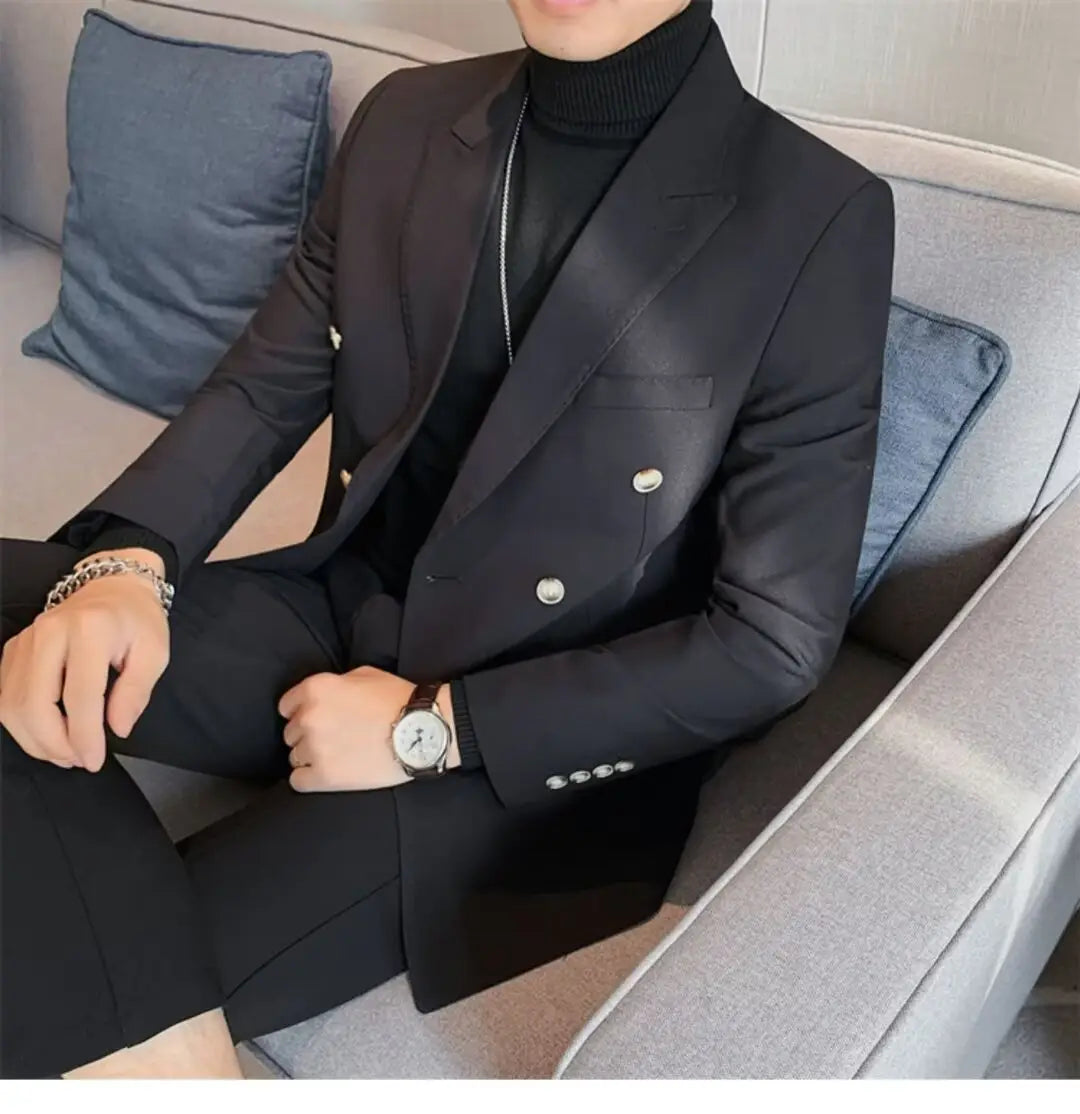 Black double-breasted blazer with silver buttons and a sleek tailored fit displayed in a product titled teal double breasted corduroy jacket men.