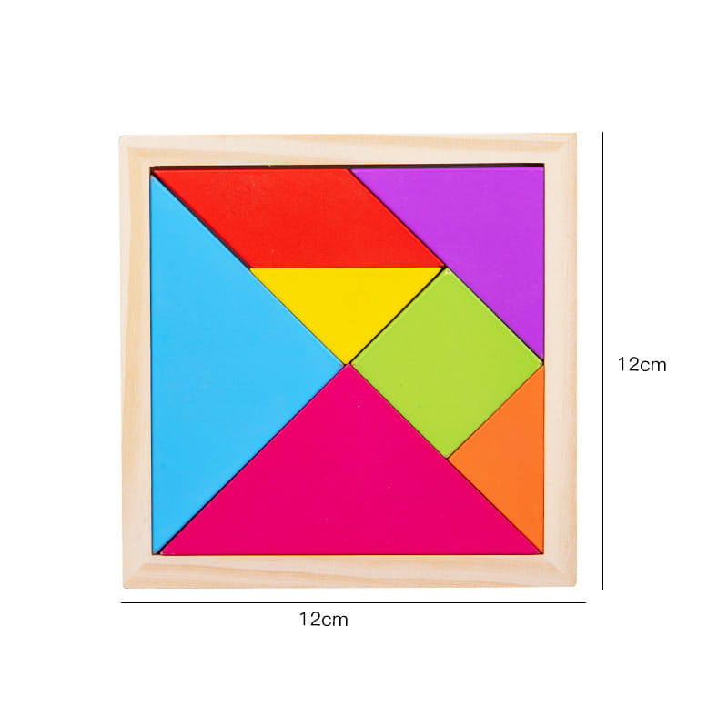 Un puzzle tangram en bois coloré présentant sept pièces géométriques vibrantes en rouge, bleu, jaune, violet, vert, orange et rose, disposées dans un cadre en bois clair pour un jeu éducatif destiné aux enfants.