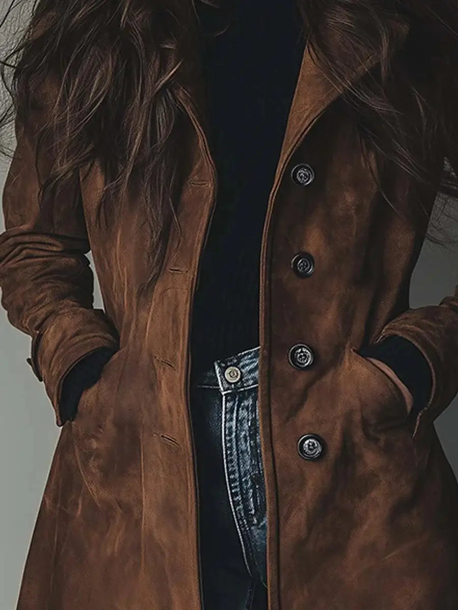 Manteau long en trench-coat western pour femmes en daim marron riche, avec un design classique double boutonnage et des boutons métalliques foncés.