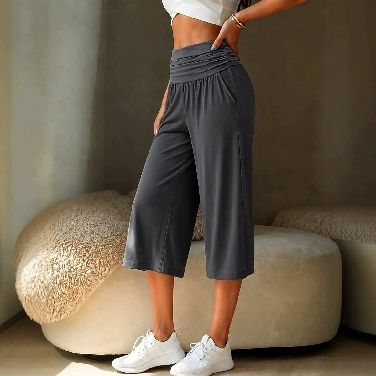 gray wide leg cropped pants with high waist gathered waistband and side pockets for casual wear