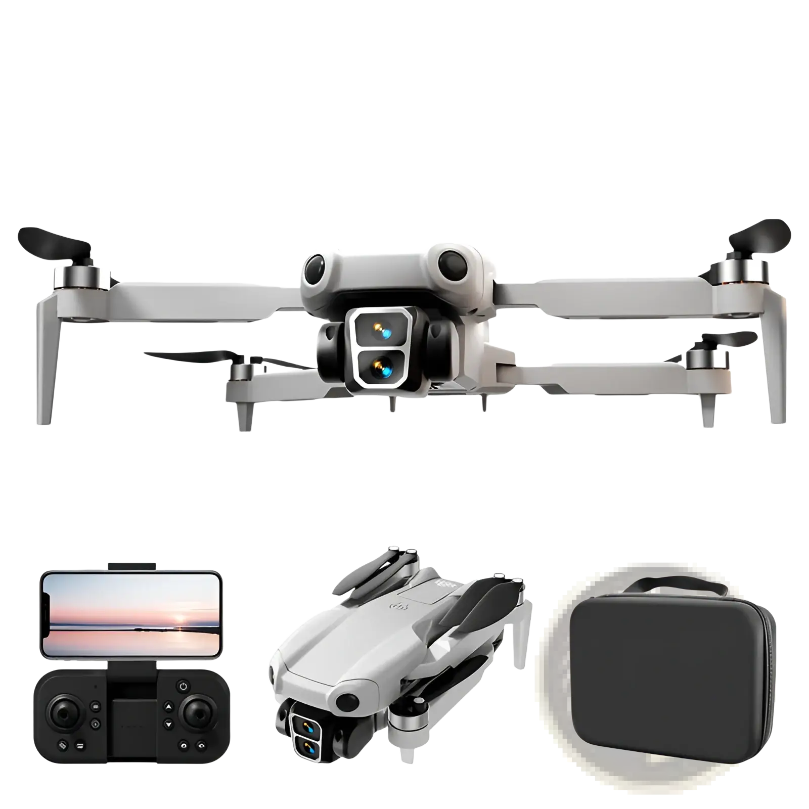 A8 pro foldable photography drone in gray with sleek silver and black design and dual cameras on a gimbal for stable footage