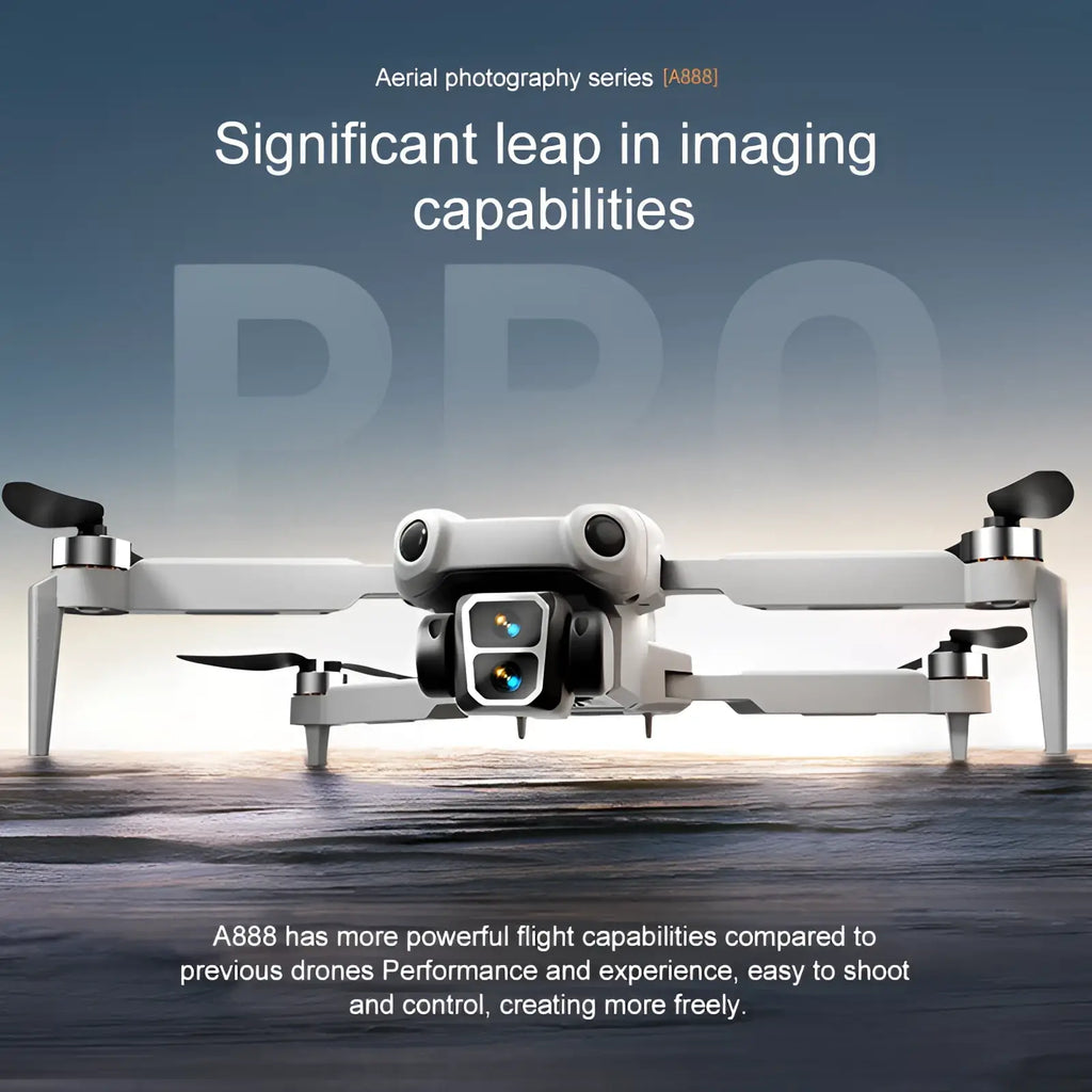 A8 pro foldable photography drone in gray with white and black design and dual cameras mounted on a gimbal