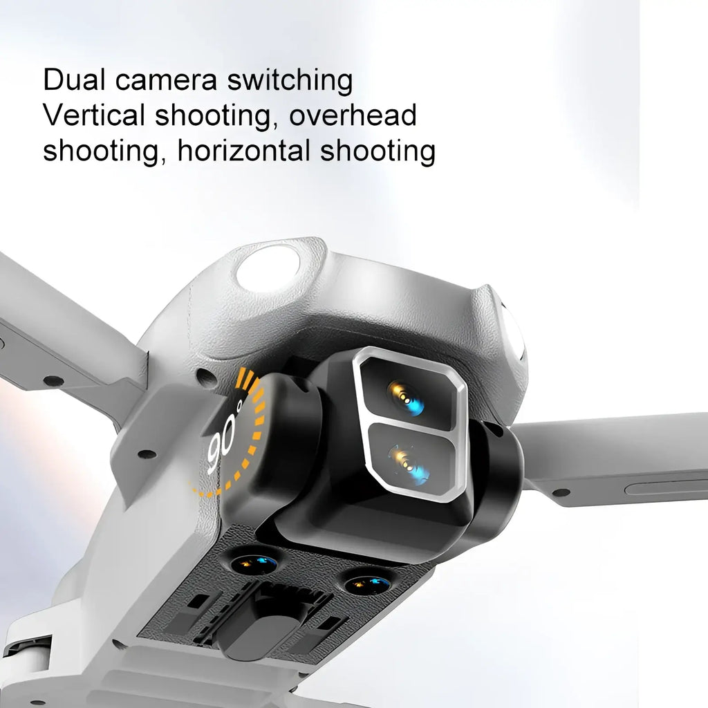 Gray and black A8 Pro foldable photography drone with dual cameras and a 90-degree rotating gimbal for versatile shooting