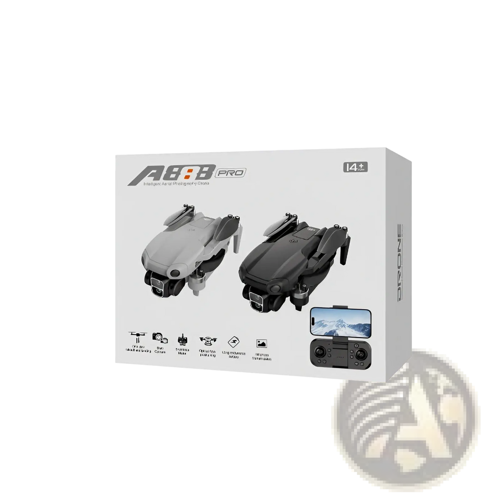 A8 Pro foldable photography drone dual camera in gray and black displayed on retail packaging with matching remote control