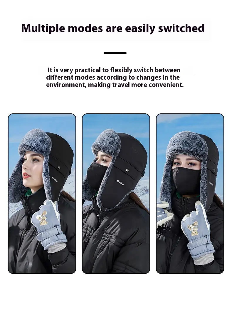 Black fleece-lined winter ushanka hat with adjustable ear flaps and soft textured fleece lining designed for cold weather use