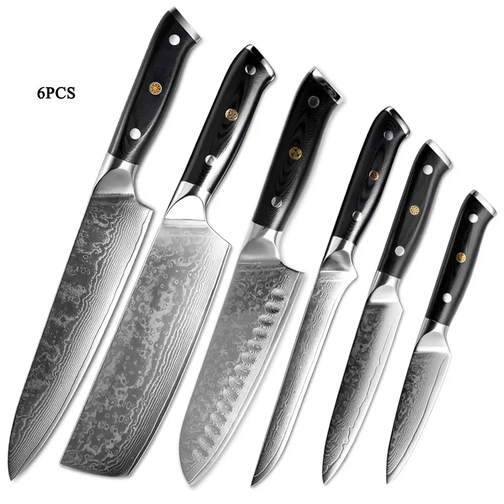 Set aus sechs Küchenmessern mit schwarzen G10-Griffen und markanten Klingen aus Damaststahl, Teil eines Damaststahl-Küchenmesserset 4-teilig mit G10-Griff.