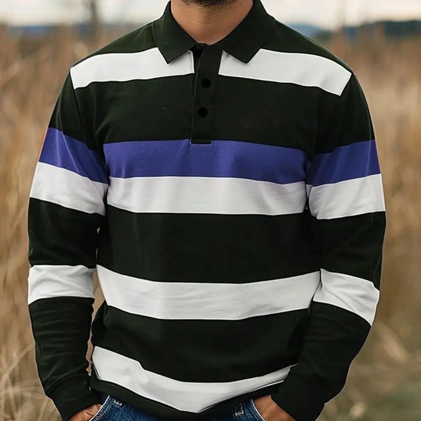 Camisa tipo polo de manga larga a rayas para hombre, corte entallado, con rayas horizontales negras, blancas y moradas, y cuello clásico.