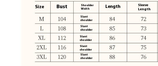 Die Tabelle zeigt Größenmessungen einschließlich Brustweite, Schulterbreite, Länge und Ärmellänge für den winterlichen Parka mit Fellfutter, der in den Größen M bis 3XL erhältlich ist.