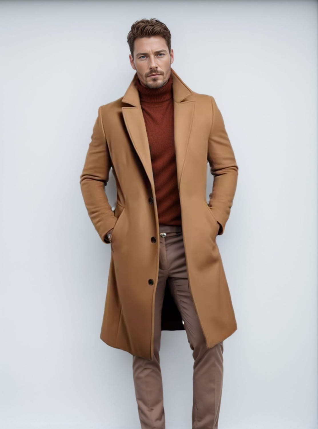 A stylish camel-colored wool overcoat with a classic notched collar and black buttons designed as a men’s woolen trench coat for business use.