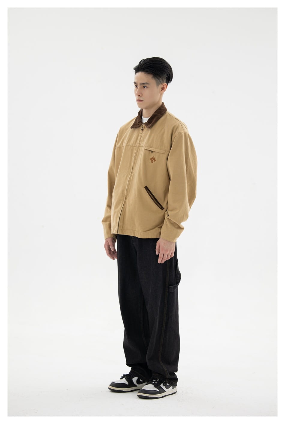 tan corduroy retro washed Detroit jacket for men with brown collar and zipper accents