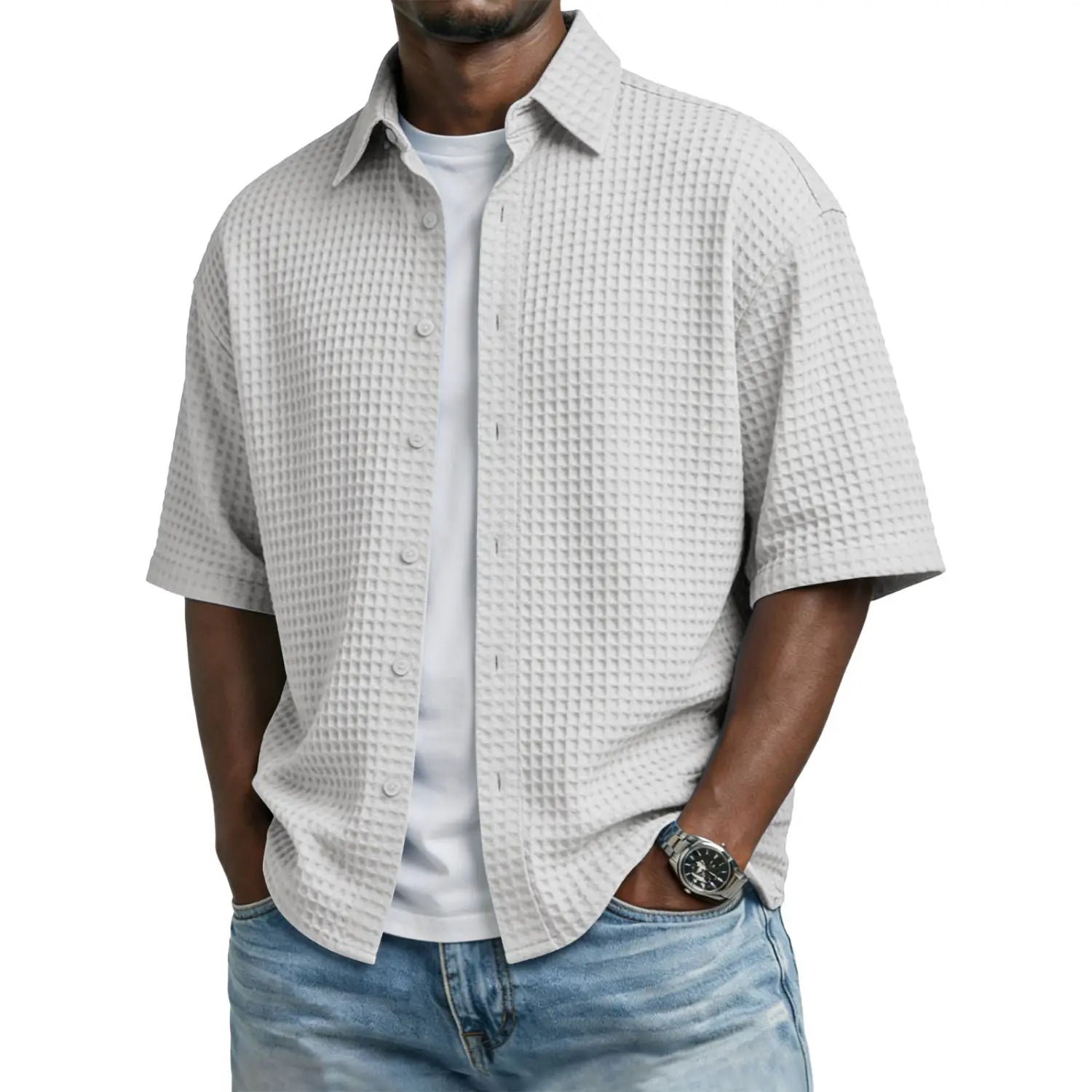 Light gray waffle-knit short-sleeve button-up polo shirt for men made from breathable textured fabric.